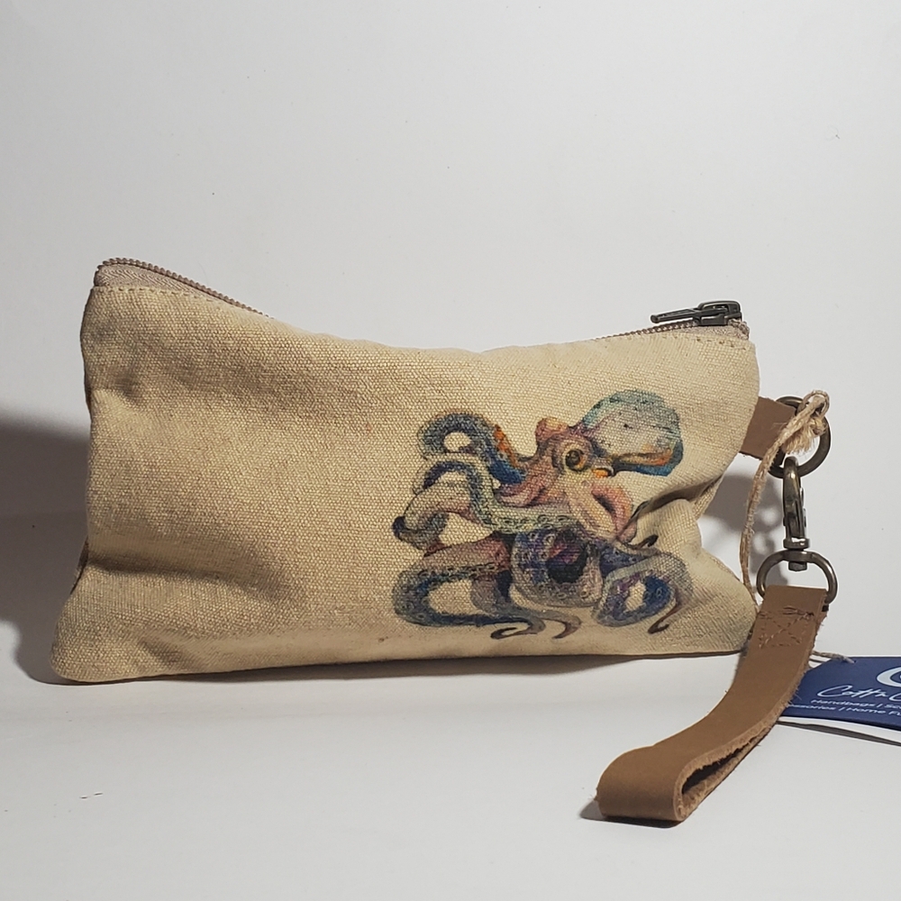 COTT N CURLS Octopus - Wristlet Wallet, Makeup Bag, Phone Purse with Leather NWT